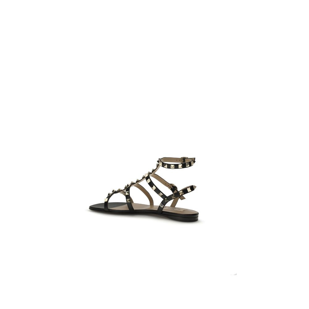 Valentino Garavani Black Calf Leather Bos Taurus Flat Sandals