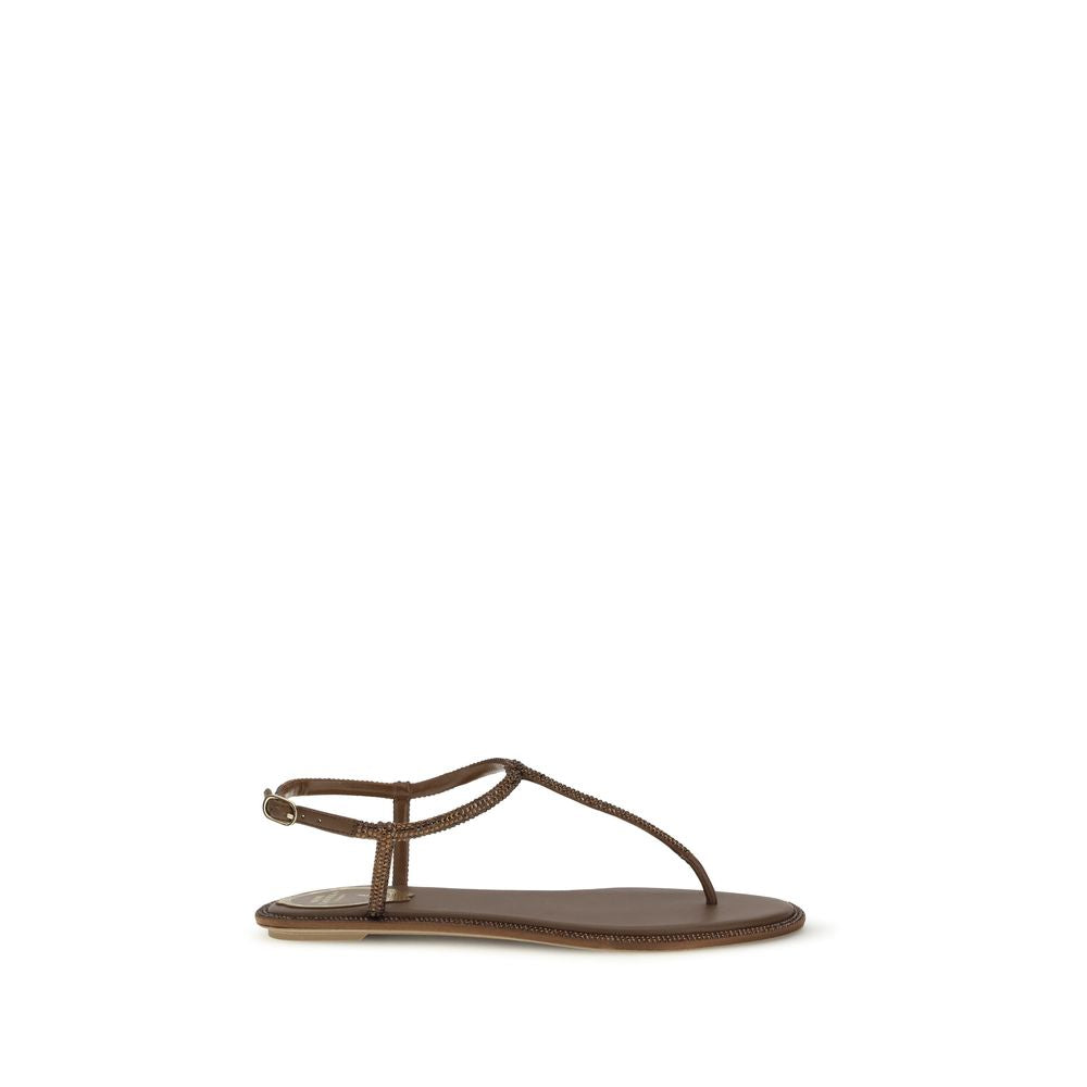 RENE CAOVILLA Brown Satin Flat Sandals