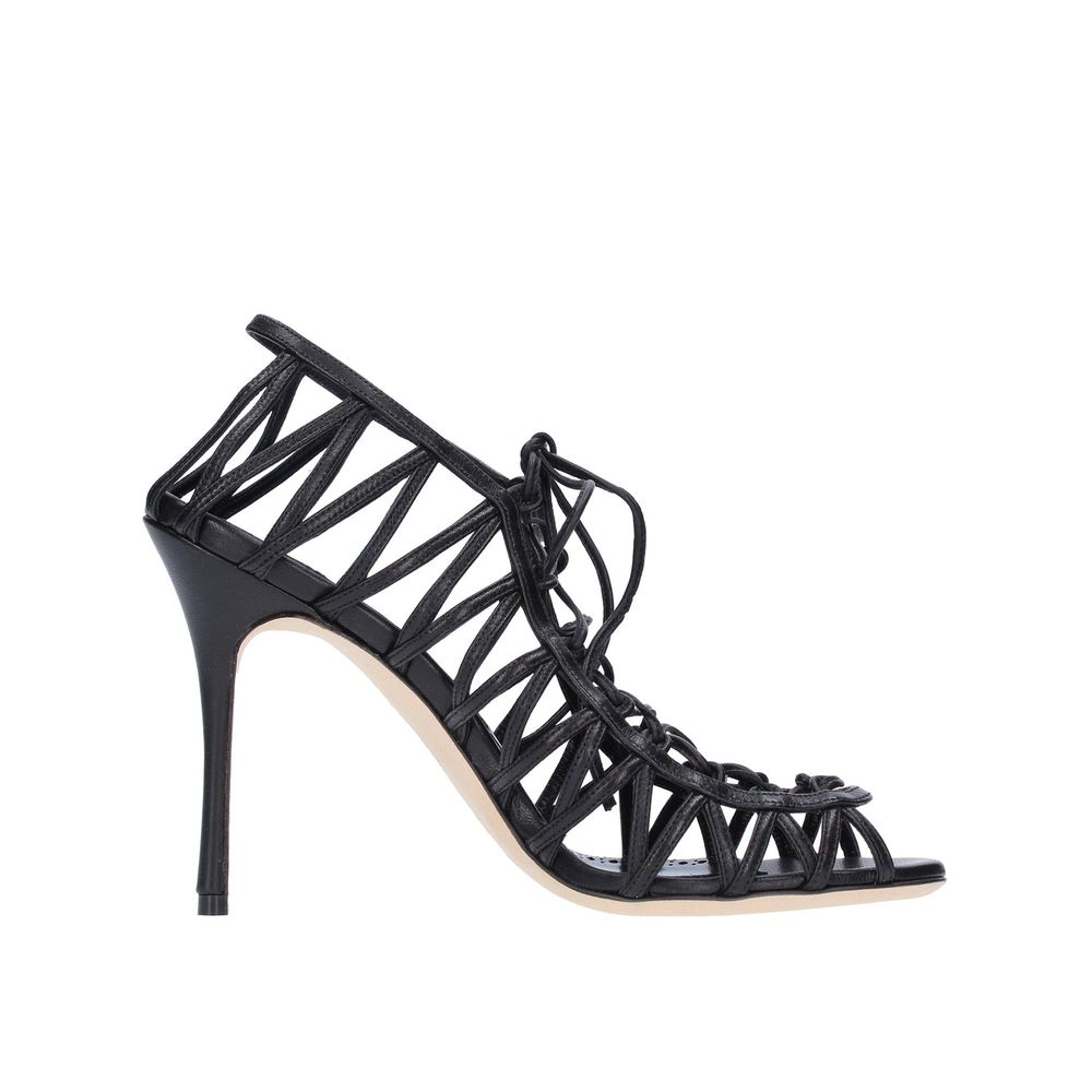 Manolo Blahnik Black Leather Stiletto Heel Sandals