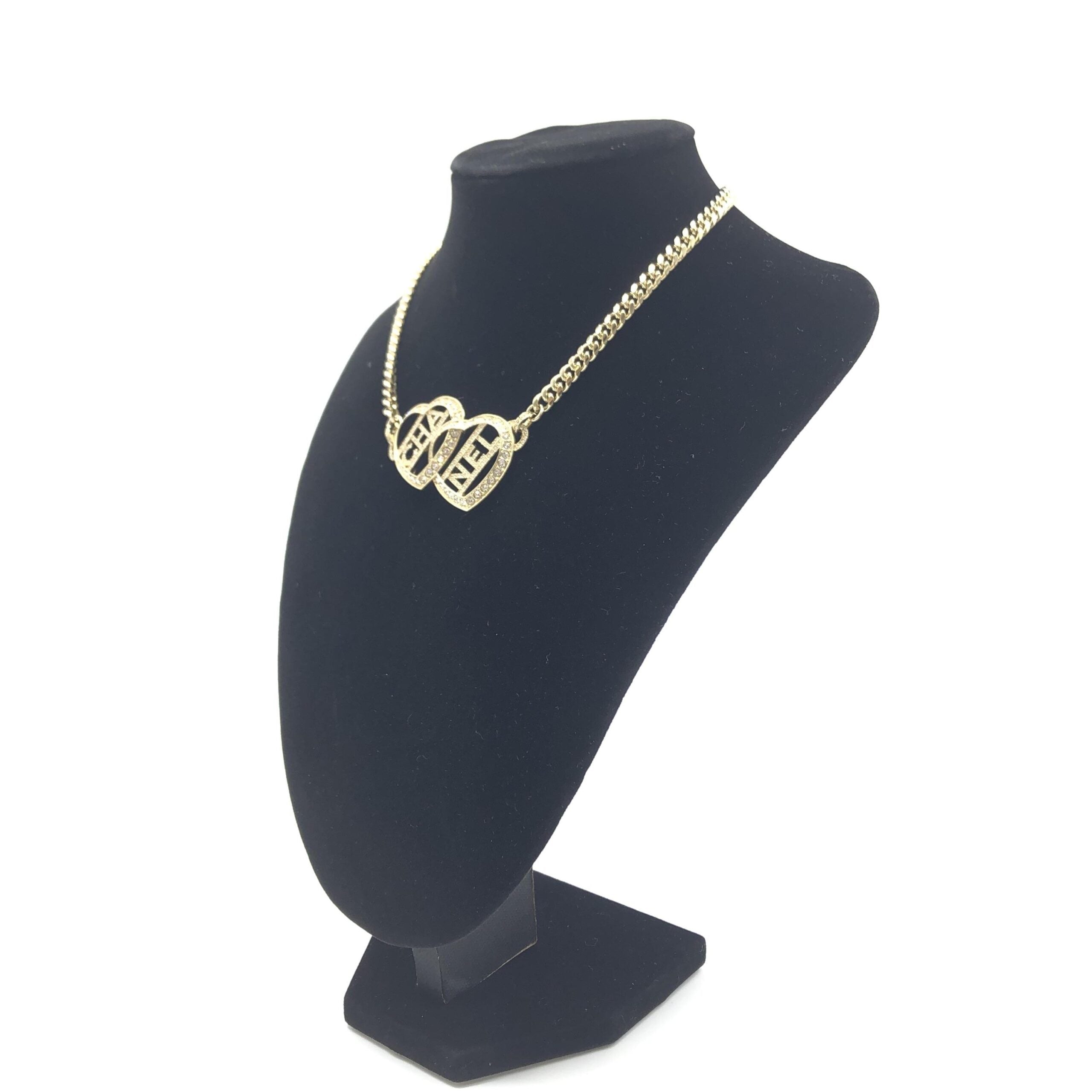 Chanel Gold Tone Heart Choker Necklace With Logo