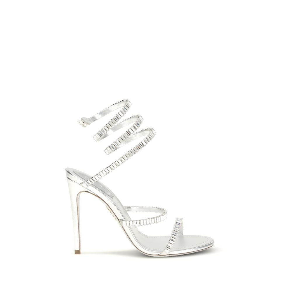 RENE CAOVILLA Silver Calf Leather Bos Taurus Stiletto Heel Sandals