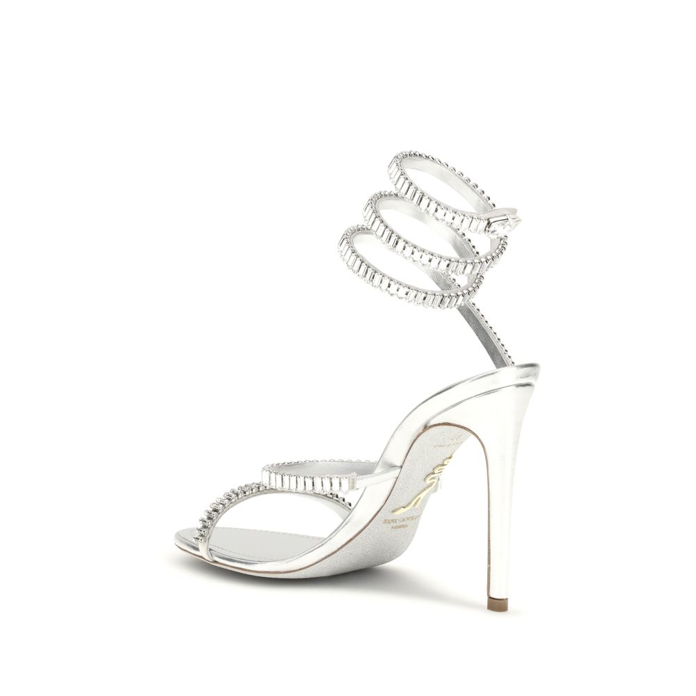 RENE CAOVILLA Silver Calf Leather Bos Taurus Stiletto Heel Sandals