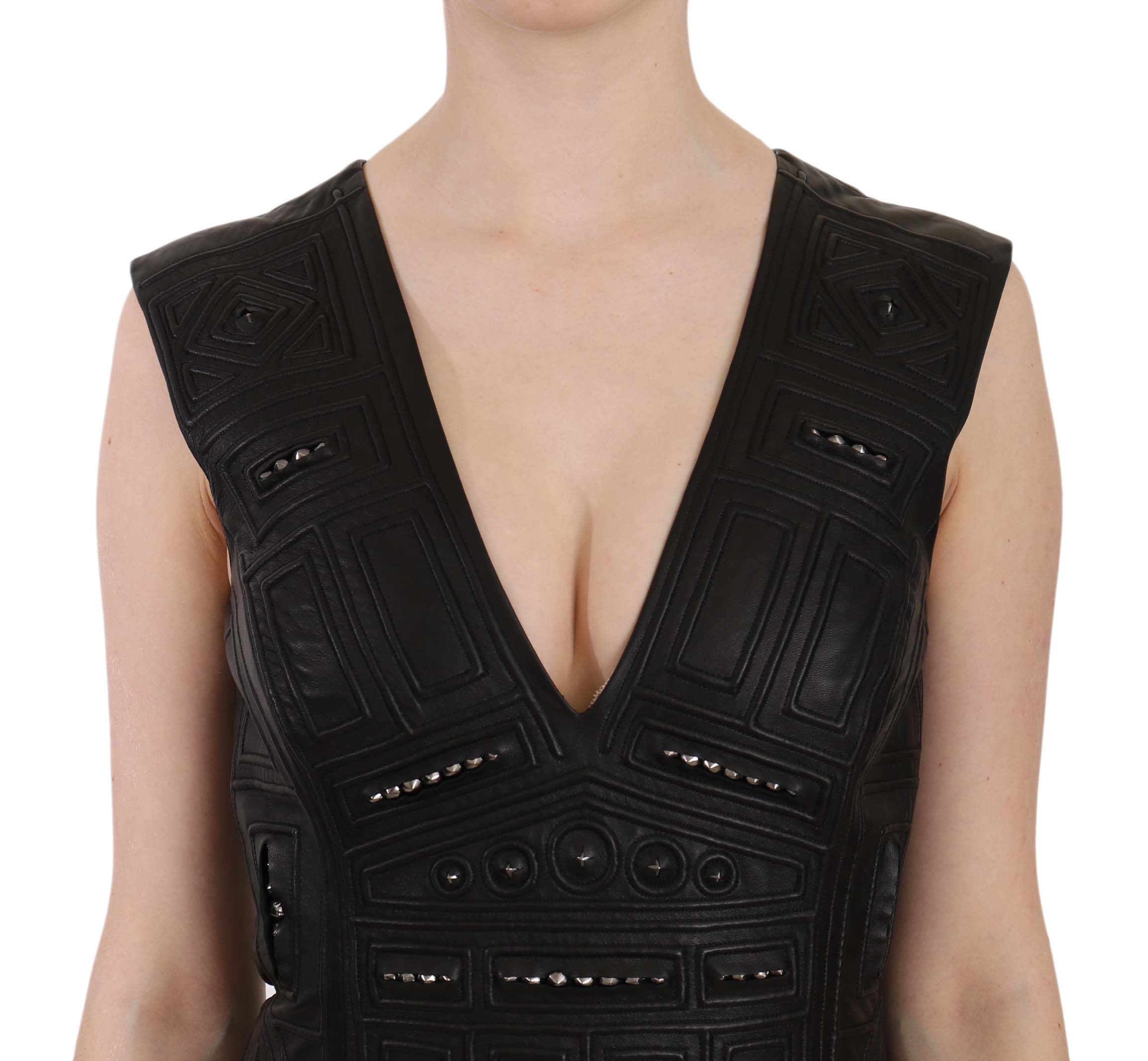 John Richmond Black Leather Studded Mini Shift Dress