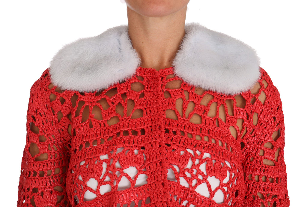Dolce & Gabbana Red Cardigan Crochet Knit Raffia Sweater