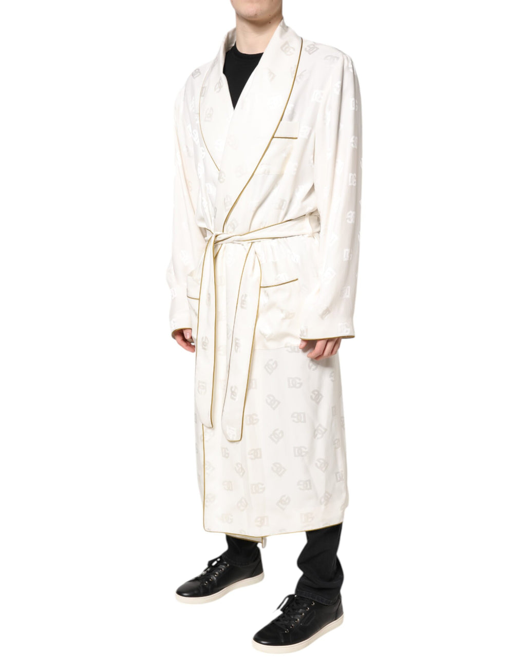 Dolce & Gabbana Ivory Silk Logo Men Wrap Robe Coat Jacket