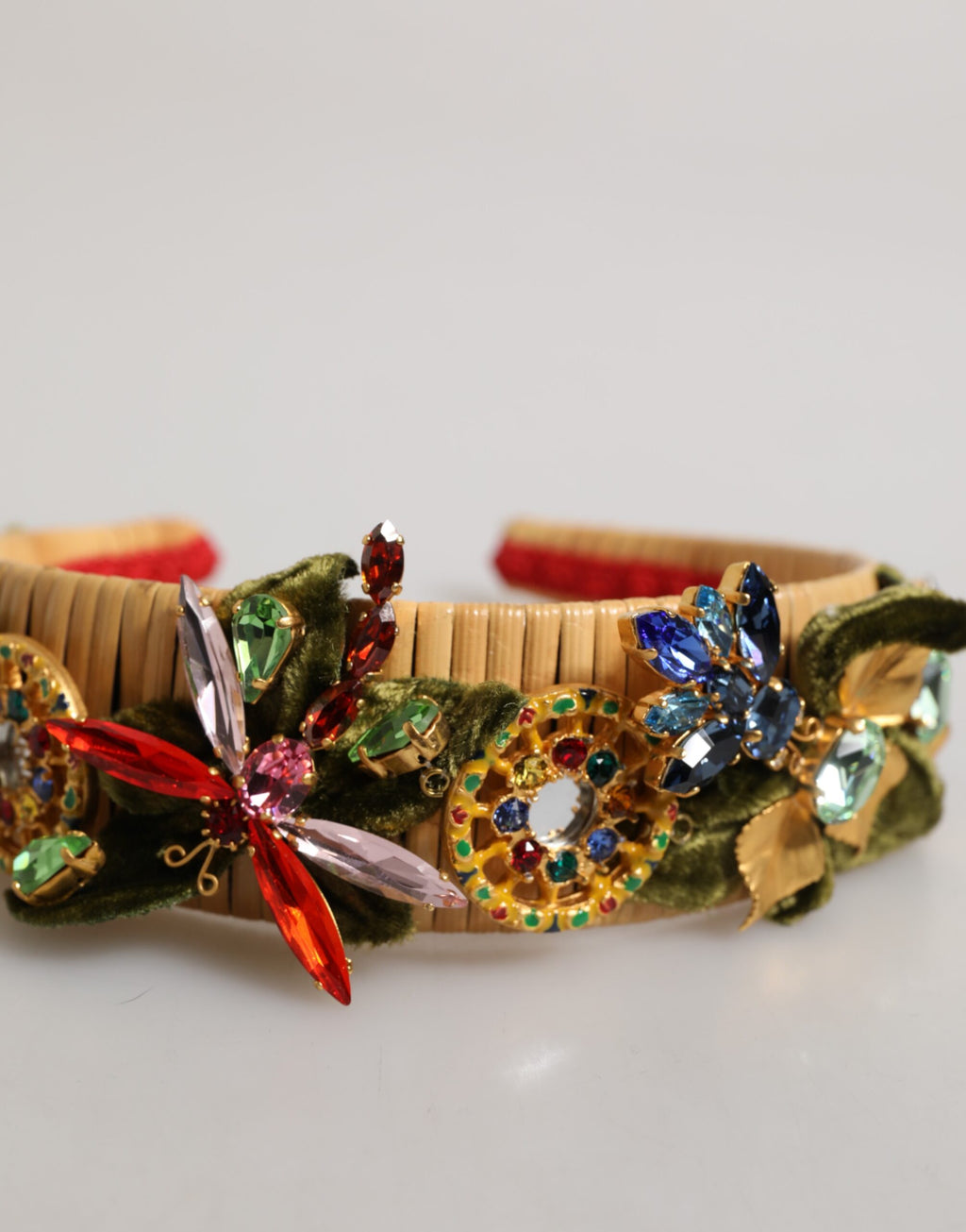 Dolce & Gabbana Multicolor Crystal Floral Gold Green Velvet Crown Headband