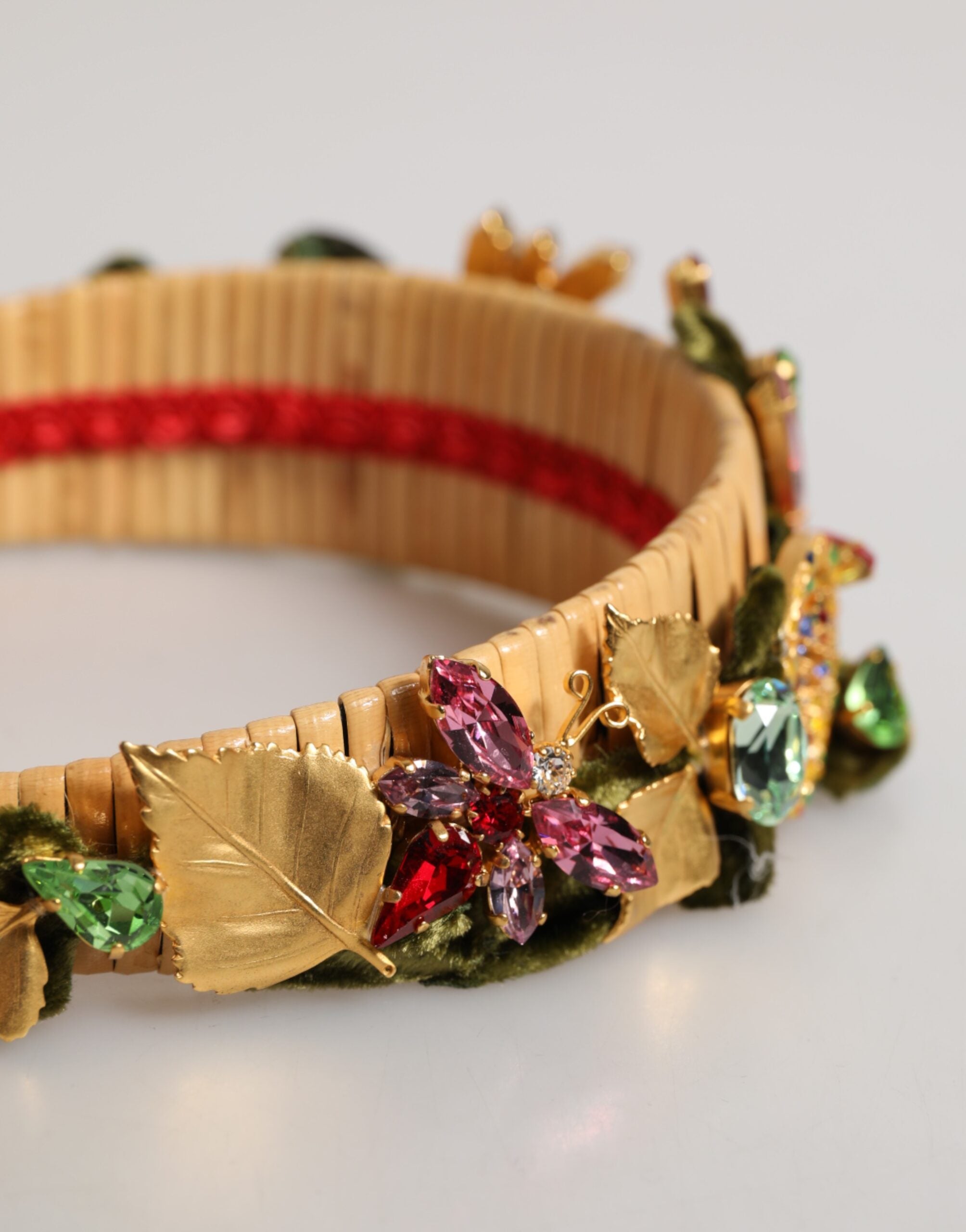 Dolce & Gabbana Multicolor Crystal Floral Gold Green Velvet Crown Headband