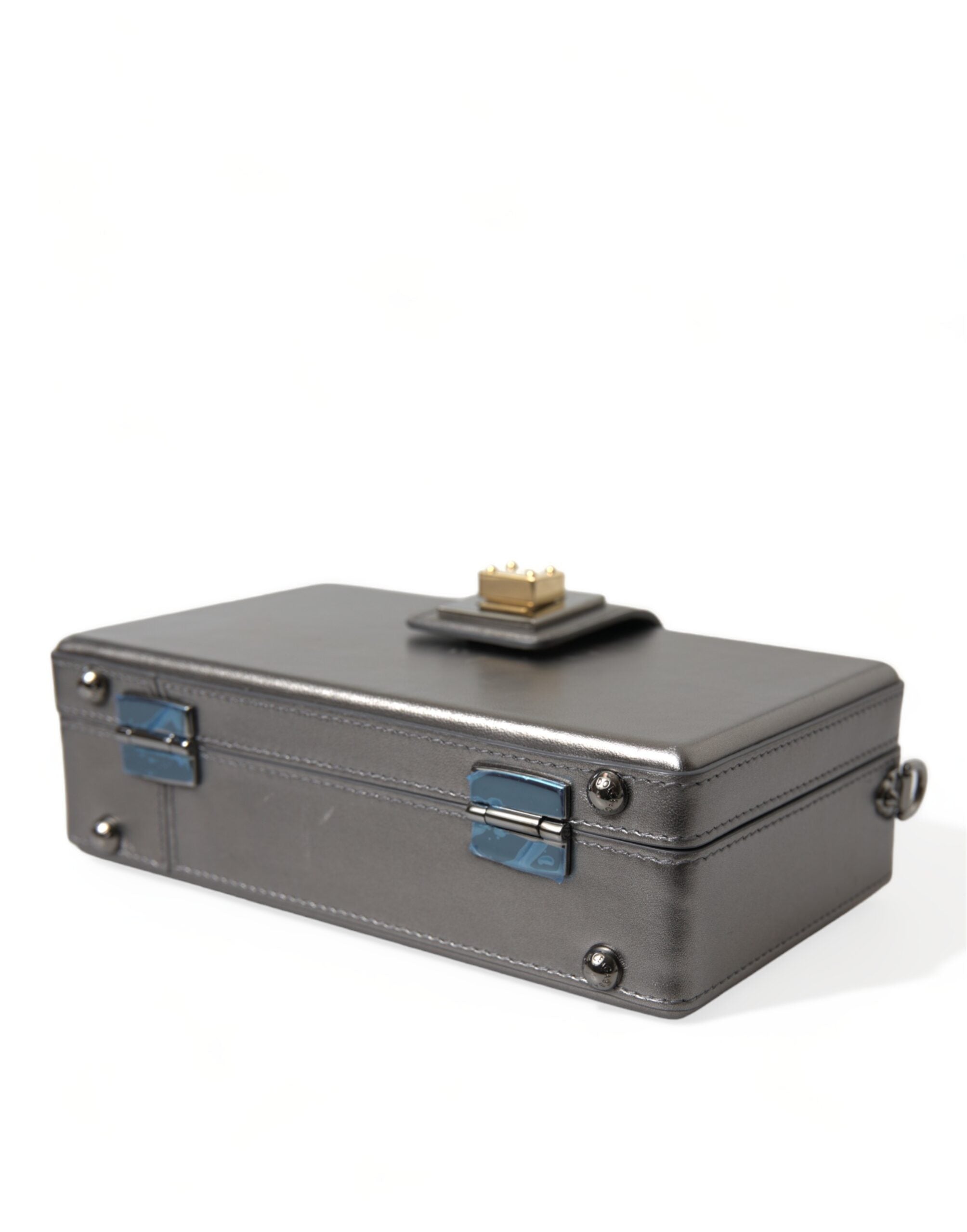 Dolce & Gabbana Steel Gray Leather Box Shape Shoulder Gold DG Logo Plaque Bag