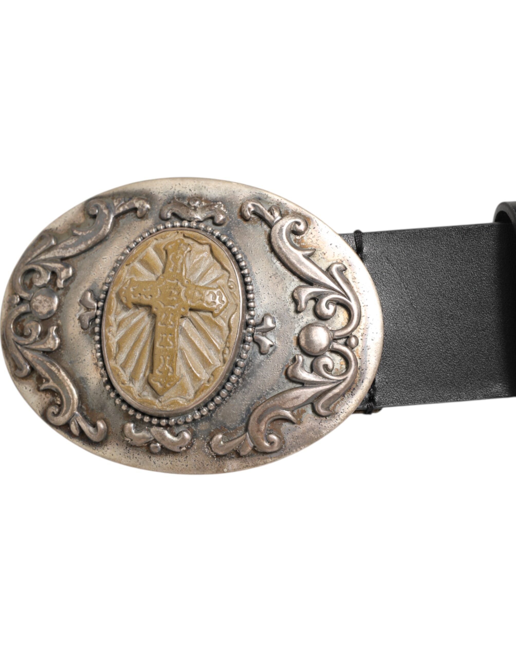 Dolce & Gabbana Black Leather Ornate Metal Buckle Men Belt