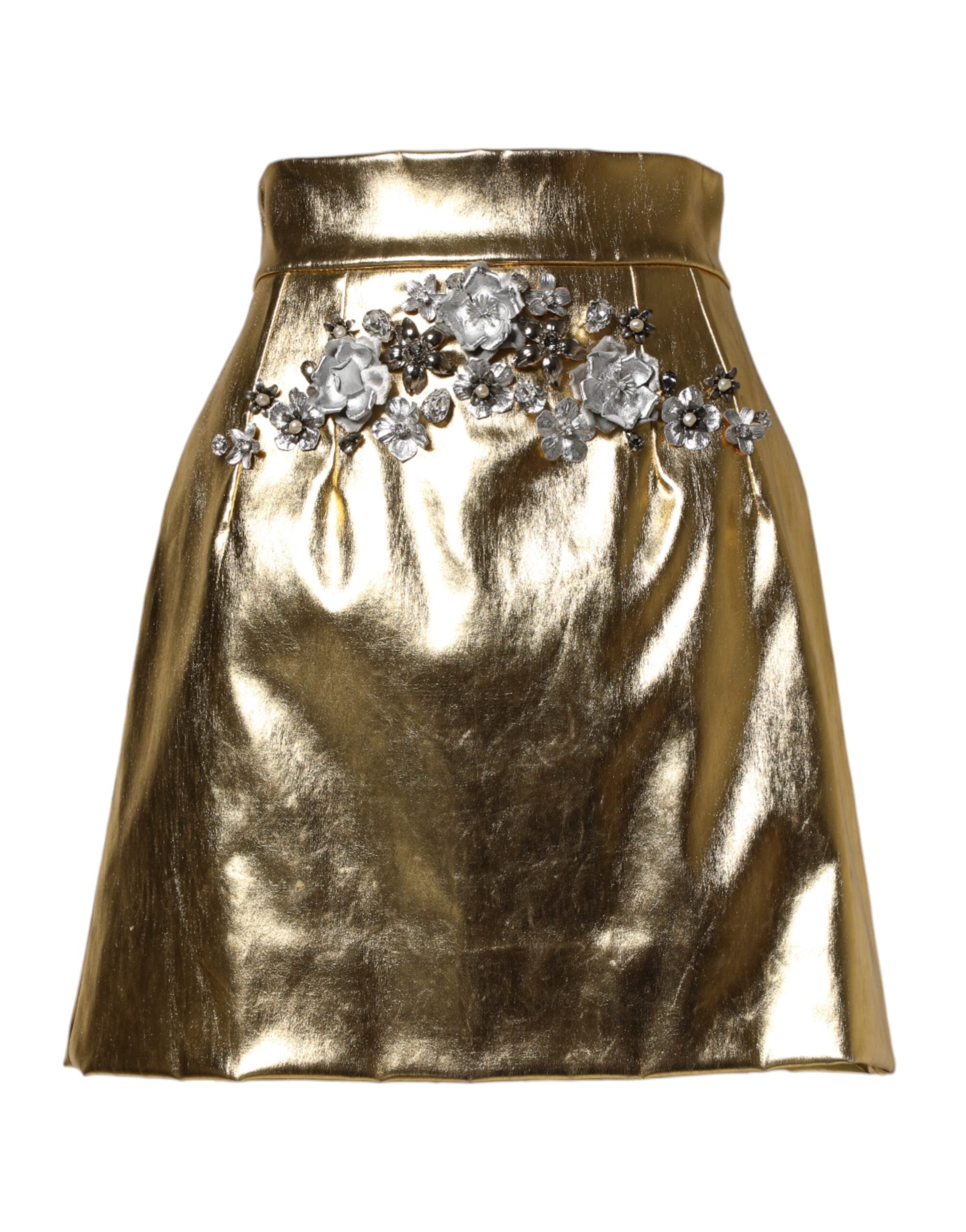 Dolce & Gabbana Gold Acetate Crystal High Waist Mini Skirt