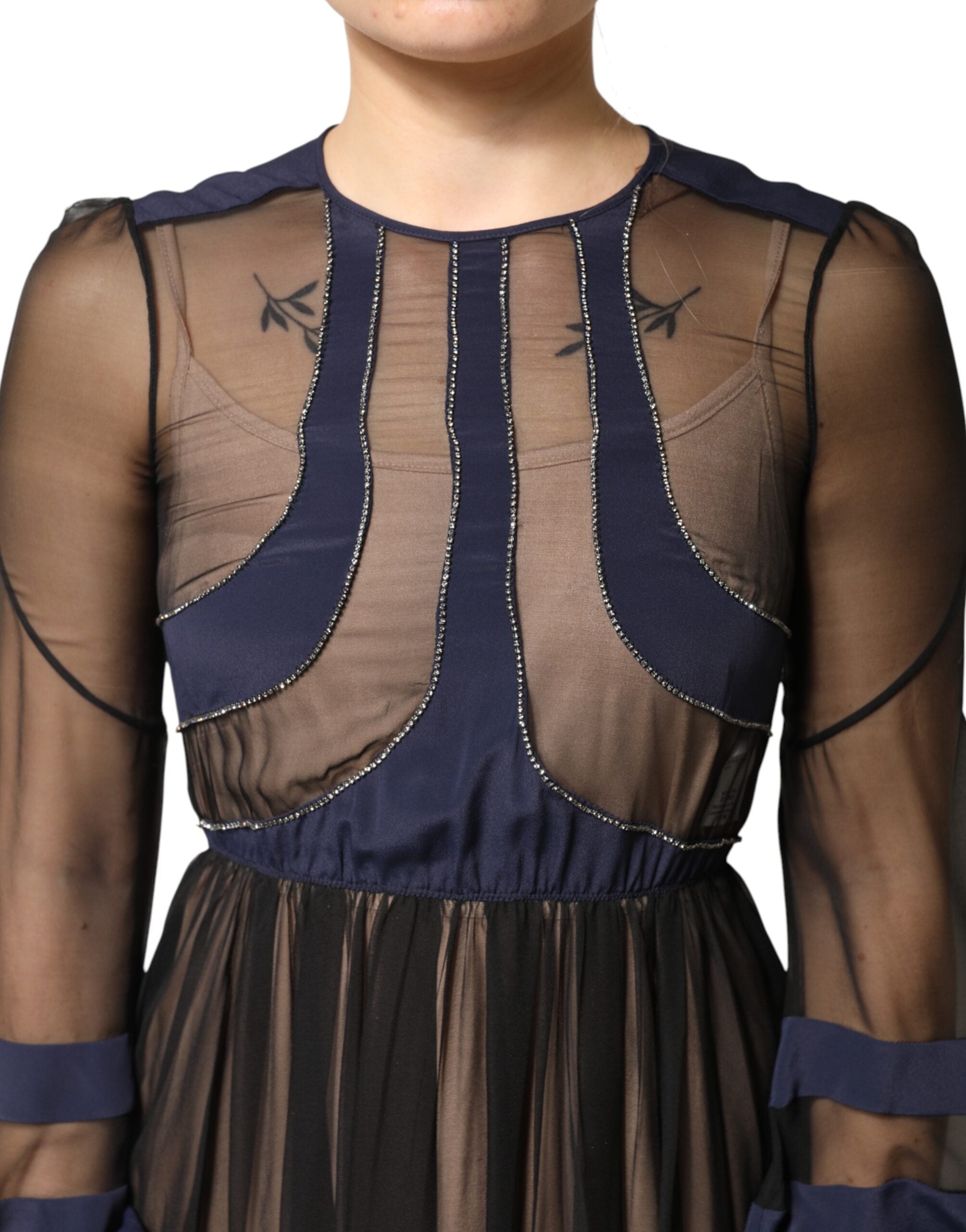 N.21 Blue Long Sleeves Sheer Silk Sheath A-line Midi Dress