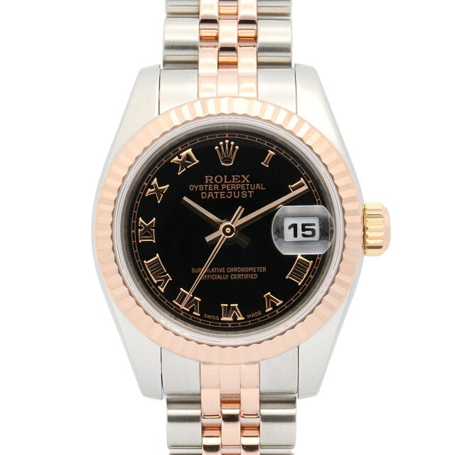 Pre-owned Rolex Datejust V-number watch in 18K pink gold and stainless steel blackRO 179171 for women.