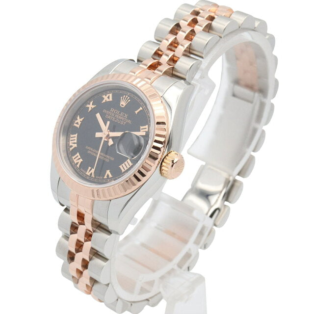 Pre-owned Rolex Datejust V-number watch in 18K pink gold and stainless steel blackRO 179171 for women.