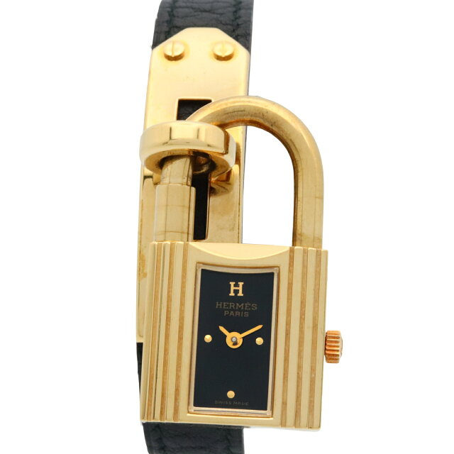 Pre-owned Hermès Kelly Watch, GP (gold-plated) leather, black, women's, KE1.201