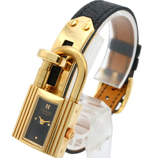Pre-owned Hermès Kelly Watch, GP (gold-plated) leather, black, women's, KE1.201
